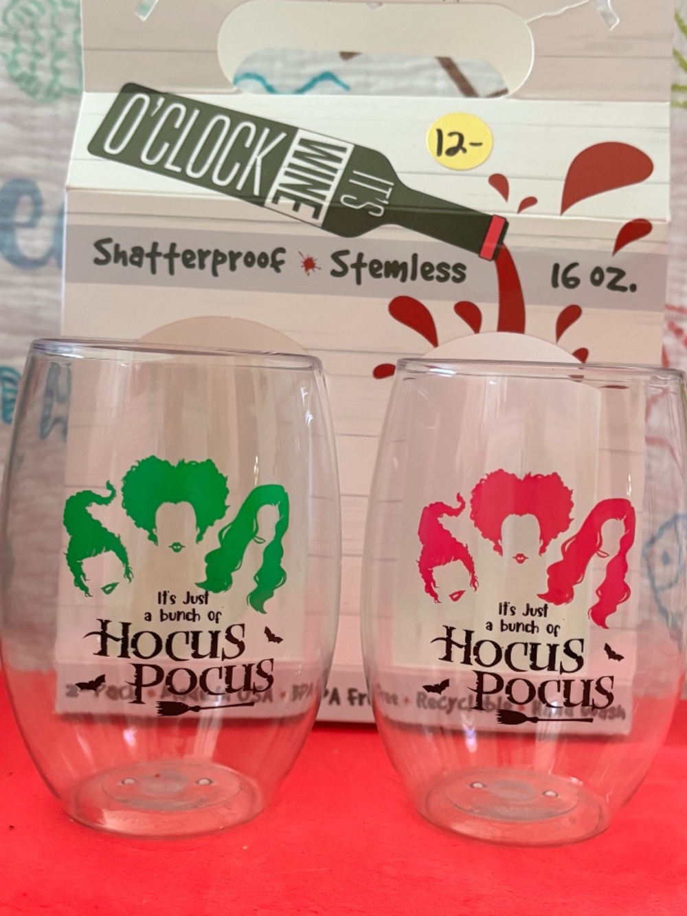 Hocus Pocus Halloween Wine Oh! Shatterproof 2-Pack 16oz Stemless Wine Glasses